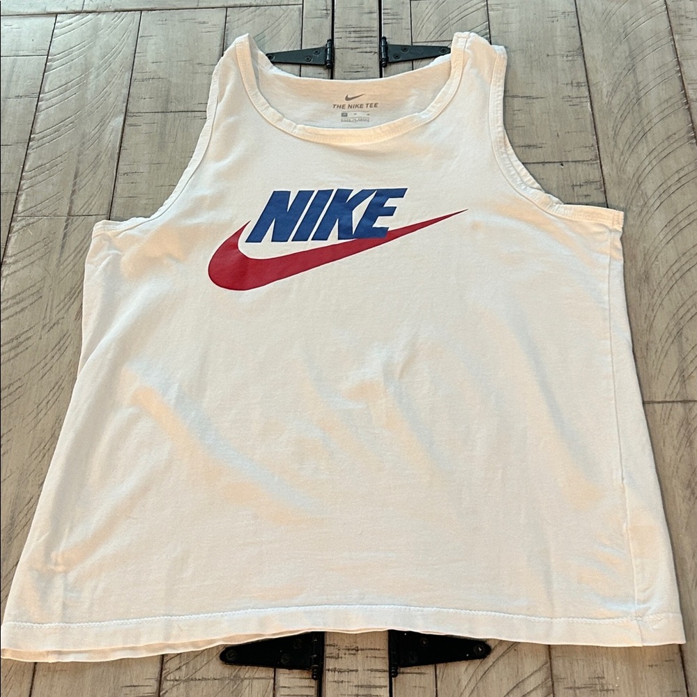Nike White Sleeveless Logo Tank Top Muscle Tee Blue Letters Red Swoosh Size M
